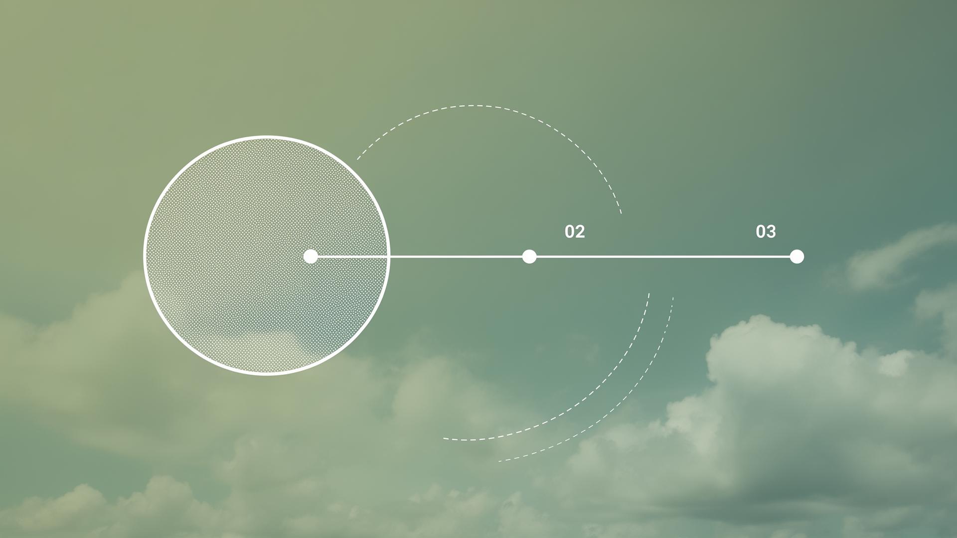 Abstract green-teal sky with a thin white line diagram of a dotted circle and labeled points
