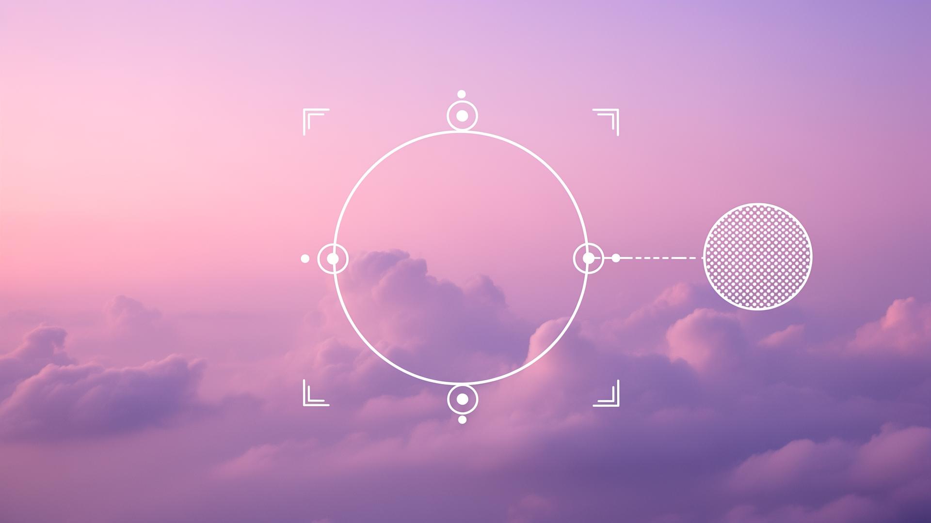 Abstract pink-purple sky with a thin white circular diagram and four labeled cardinal points